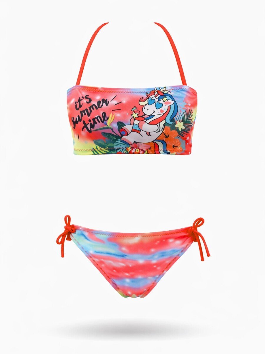Kız Çocuk Neon Pembe Desenli  2-8 Yaş Straplez Bikini Takım HZL24S-LC3652