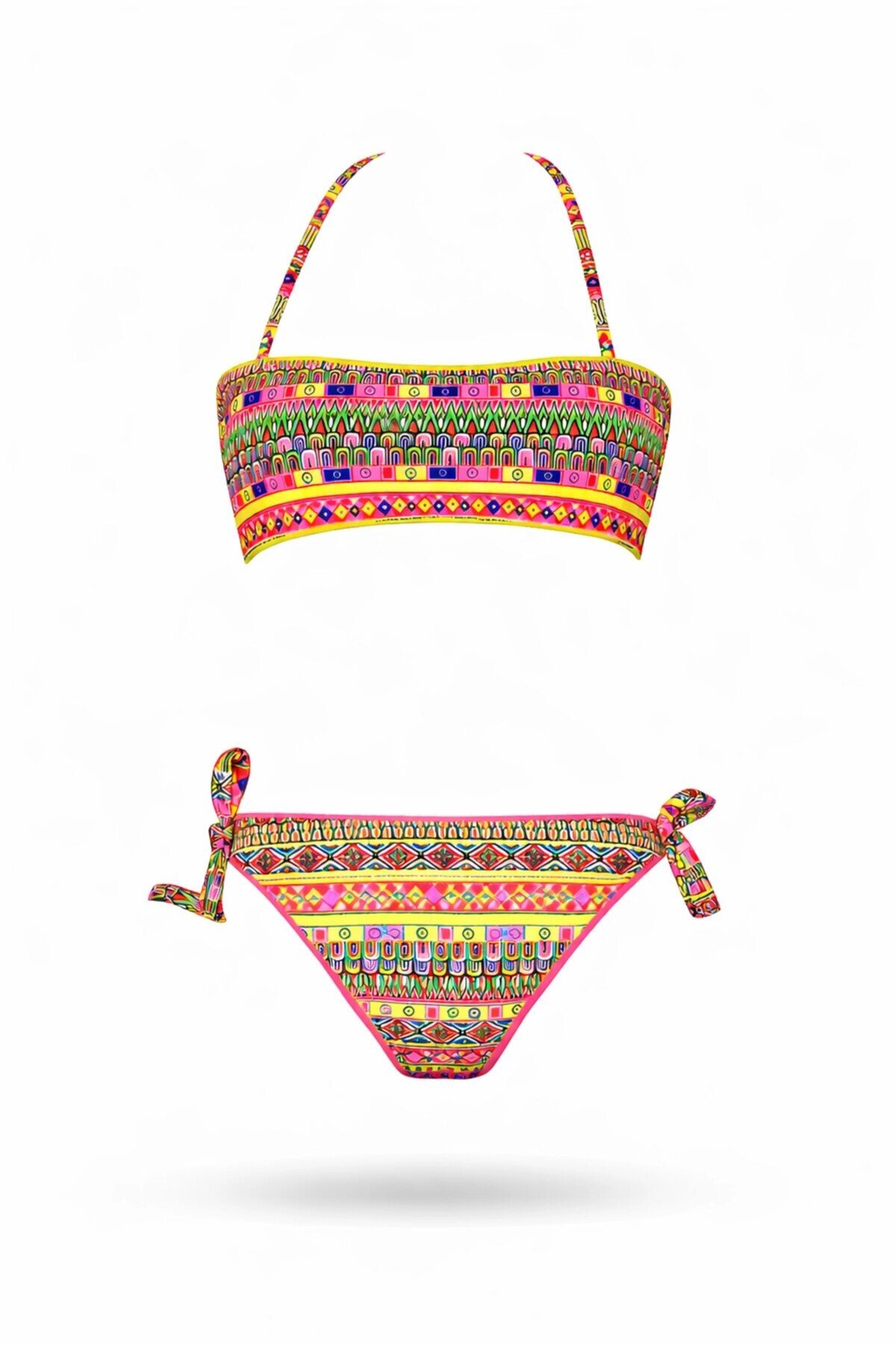 Kız Çocuk Neon Sarı Çok Renkli Astarlı 4-12 Yaş Straplez Bikini Takım HZL24S-LC6355