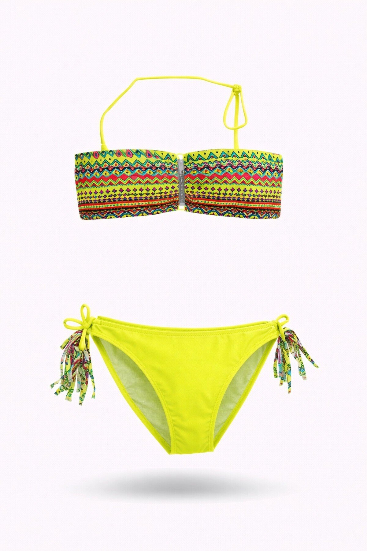 Kız Çocuk Sarı Çok Renkli  İp Detaylı Astarlı 4-12 Yaş Üçgen Bikini Takım HZL24S-LC1904
