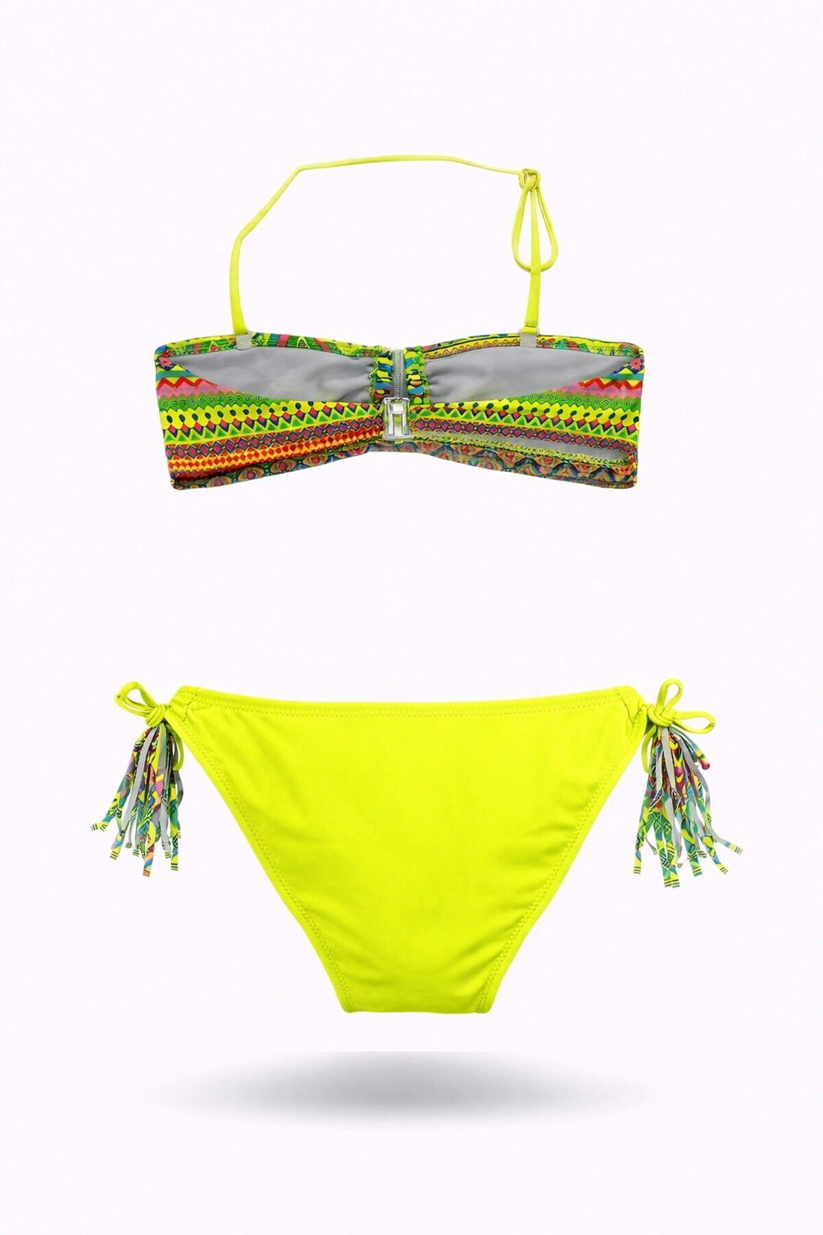 Kız Çocuk Sarı Çok Renkli  İp Detaylı Astarlı 4-12 Yaş Üçgen Bikini Takım HZL24S-LC1904