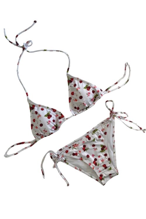 Kadın Beyaz Kiraz Temalı Boyundan İp Bağlamalı Üçgen Bikini Takımı HZL25S-LC5005
