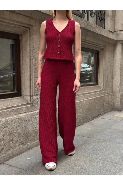 Kadın Bordo Beli Lastilkli Gofre Kumaş Pantolon HZL24S-ZK13261