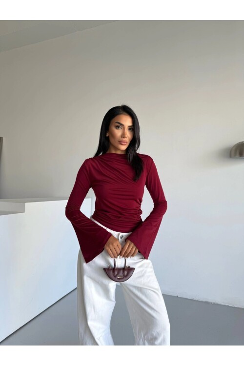Kadın Bordo Drape Detaylı İspanyol Kol Sany Bluz HZL25W-FRY123431