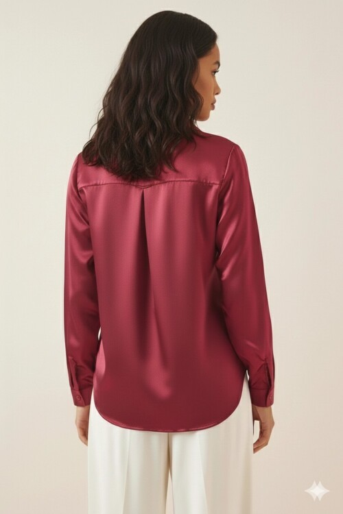 Kadın Bordo Hafif Dökümlü Saten Yüzeyli Gömlek Hzl22w-bd139641