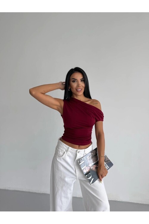 Kadın Bordo Yandan Drapeli Kayık Yaka Sandy Bluz HZL25S-FRY123201