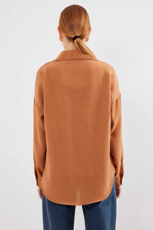 Kadın Camel Tek Cepli Oversize Keten Ayrobin Gömlek HZL24S-BD1201531