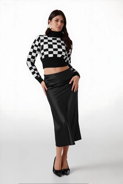 Kadın Düz Siyah Saten Yüzeyli Beli Lastikli Midi Boy Etek Hzl23s-bd1101471