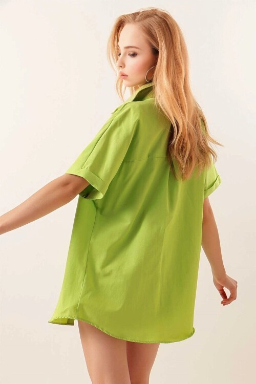 Kadın Fıstık Yeşili Oversize Uzun Kısa Kollu Basic Poplin Gömlek HZL22S-BD1201201