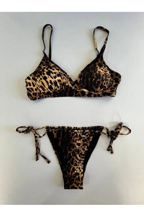 Kadın Kahverengi Leopar Desen Bikini Takımı HZL25S-LC3119