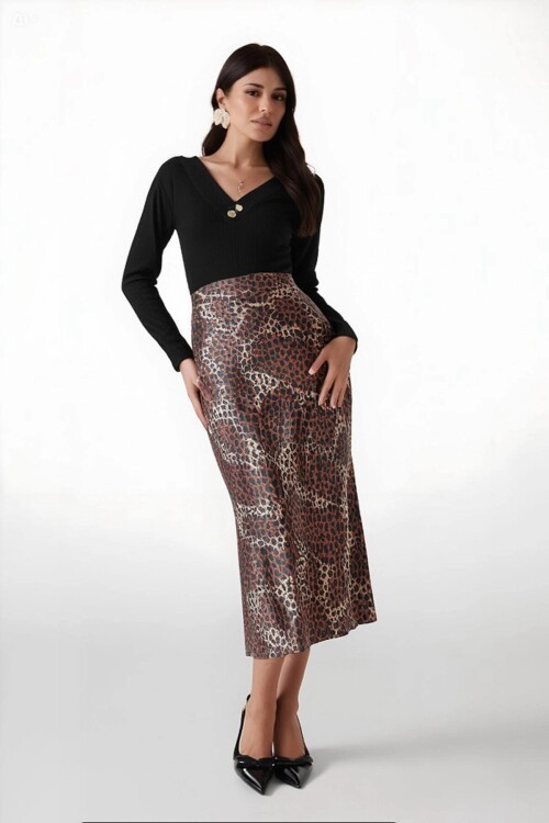 Kadın Kahverengi Leopar Desenli Saten Yüzeyli Beli Lastikli Midi Boy Etek Hzl23s-bd1101471