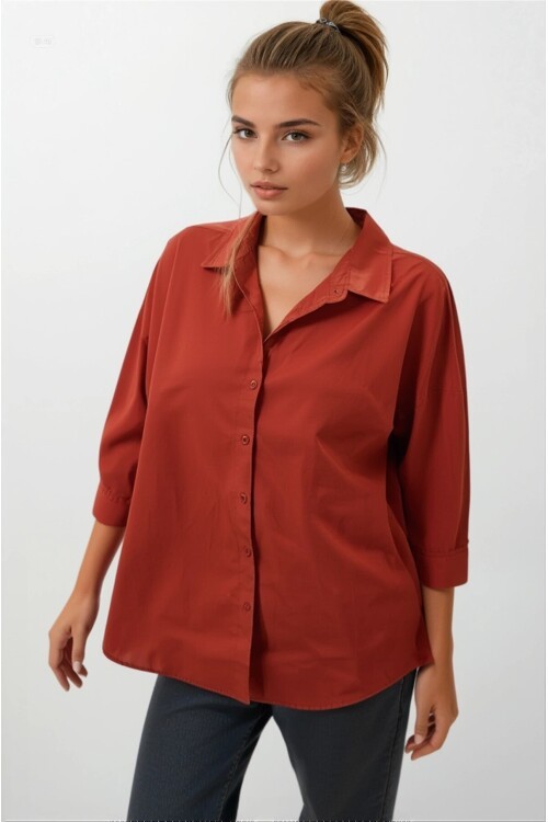 Kadın Kiremit Oversize Uzun Basic Gömlek HZL22W-BD139001