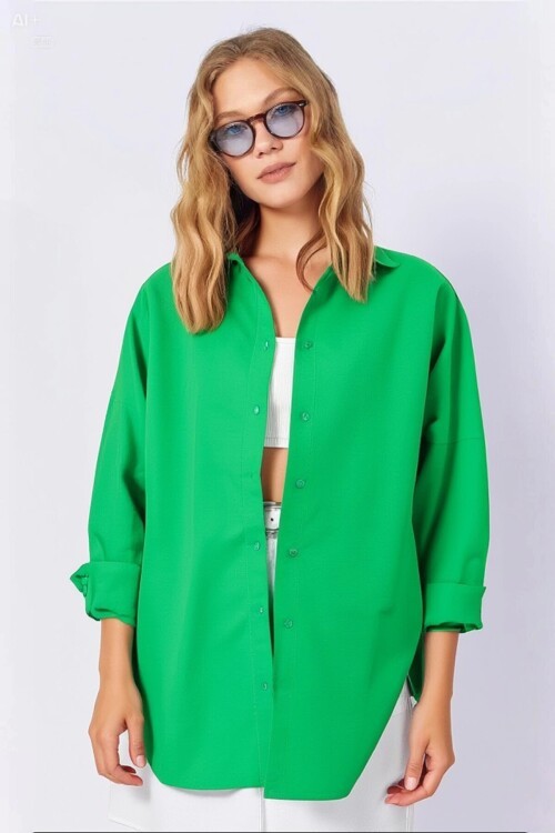Kadın Koyu Yeşil Oversize Uzun Basic Gömlek  HZL22W-BD139001