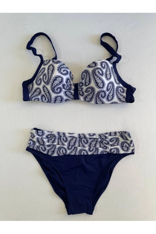 Kadın Lacivert Beyaz Etnik Desen Büyük Beden Bikini Takımı HZL25S-LC213