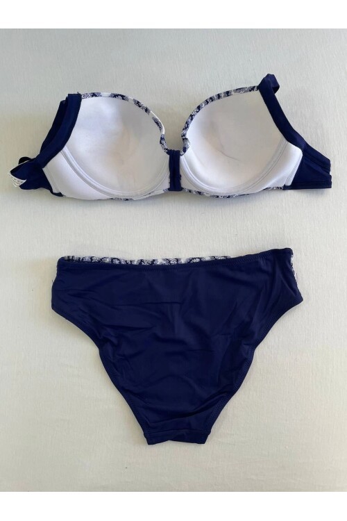 Kadın Lacivert Beyaz Etnik Desen Büyük Beden Bikini Takımı HZL25S-LC213