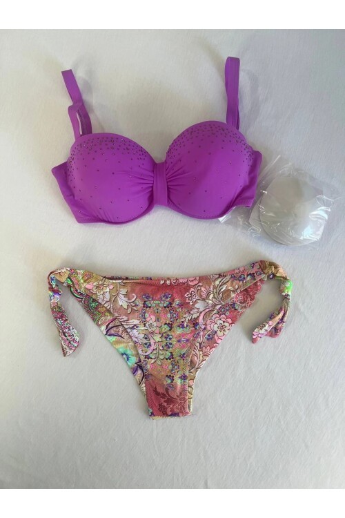 Kadın Lila Taş İşlemeli 3 Parça Bikini Takım HZL25S-LC3315