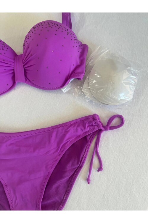 Kadın Lila Taş İşlemeli 3 Parça Bikini Takım HZL25S-LC3315