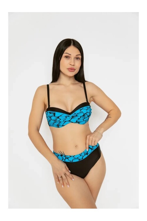 Kadın Mavi Siyah Desenli Astarlı Büyük Beden Bikini Takımı HZL25S-LC25143