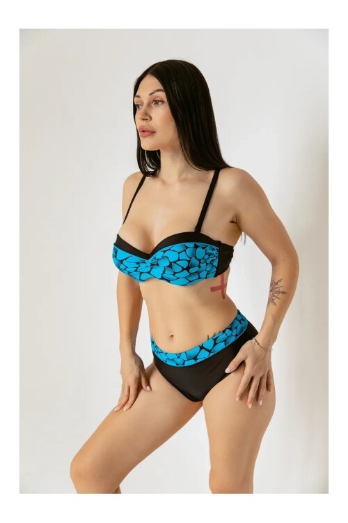 Kadın Mavi Siyah Desenli Astarlı Büyük Beden Bikini Takımı HZL25S-LC25143
