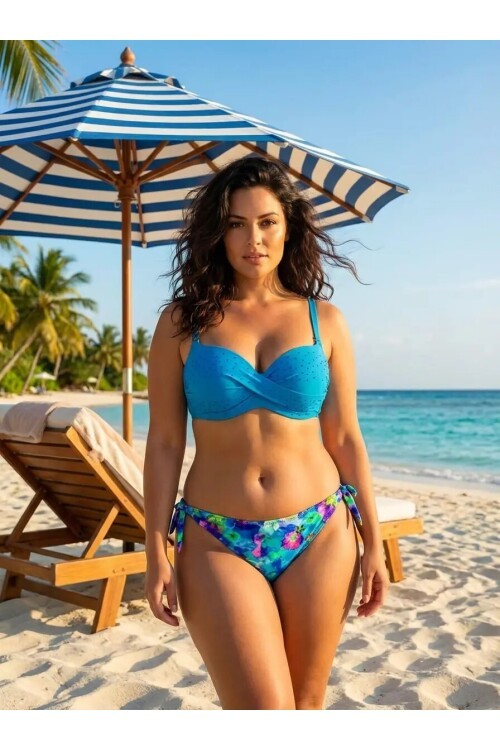 Kadın Mavi Taş İşlemeli Desenli Astarlı Bikini Takım HZL25S-LC203