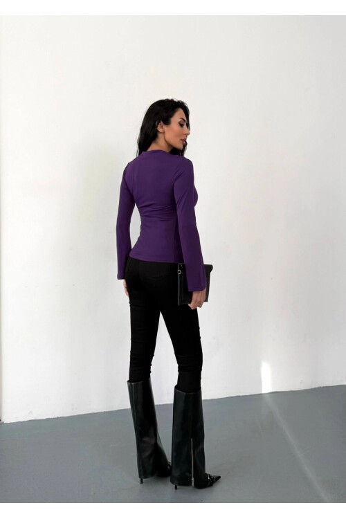 Kadın Mor Drape Detaylı İspanyol Kol Sany Bluz HZL25W-FRY123431