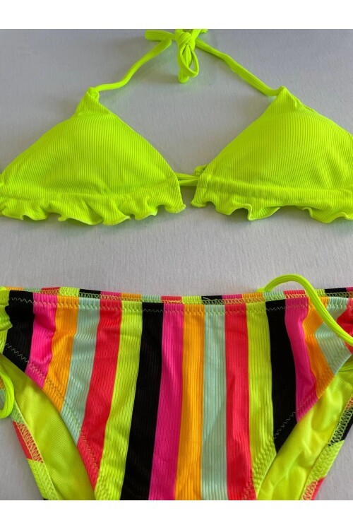 Kadın Neon Sarı Renk Desenli Boyundan Bağlamalı Bikini Takım HZL25S-LC3350
