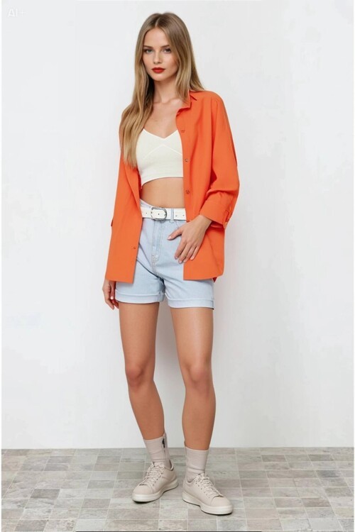 Kadın Oranj Oversize Uzun Basic Gömlek HZL22W-BD139001