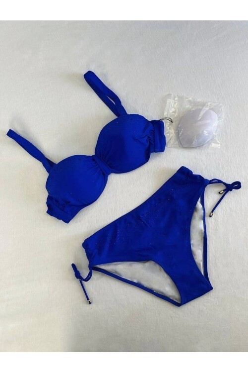 Kadın Saks Mavi Taş İşlemeli Astarlı Bikini Takım HZL25S-LC3361