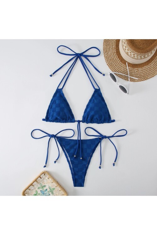 Kadın Saks Mavisi  İp Bağlamalı Aksesuarlı Astarlı Yüksek Bel Üçgen Bikini Takım HZL24S-LC2229