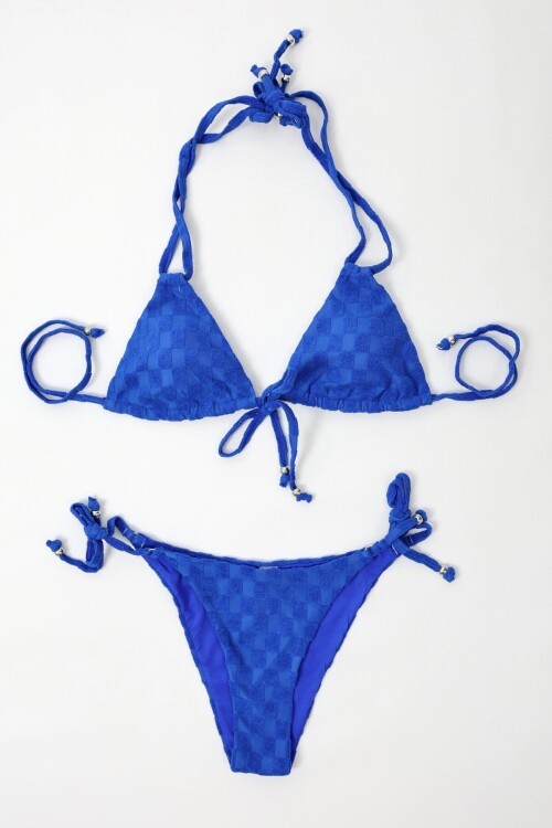 Kadın Saks Mavisi  İp Bağlamalı Aksesuarlı Astarlı Yüksek Bel Üçgen Bikini Takım HZL24S-LC2229