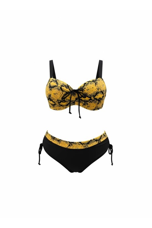 Kadın Sarı Siyah Desenli Taş İşlemeli Toparlayıcı Büyük Beden Bikini Takım HZL25S-LC3333