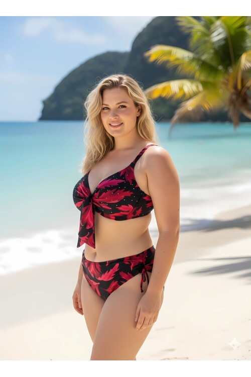 Kadın Siyah Bordo Taş İşlemeli Büyük Beden Bikini Takım HZL25S-LC3337