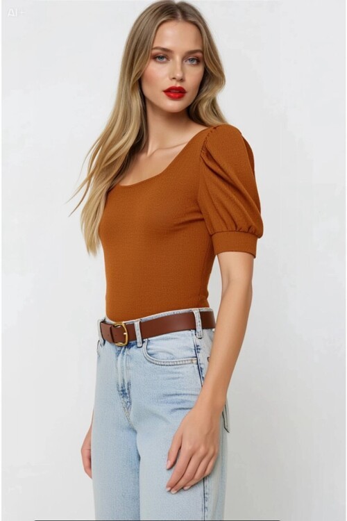 Kadın Taba Kare Yaka Örme Bluz HZL22W-BD104091