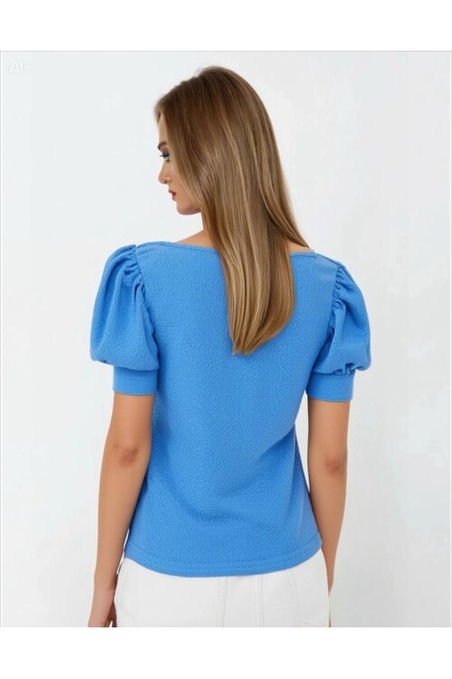 Kadın Yeni Mavi Kare Yaka Örme Bluz HZL22W-BD104091