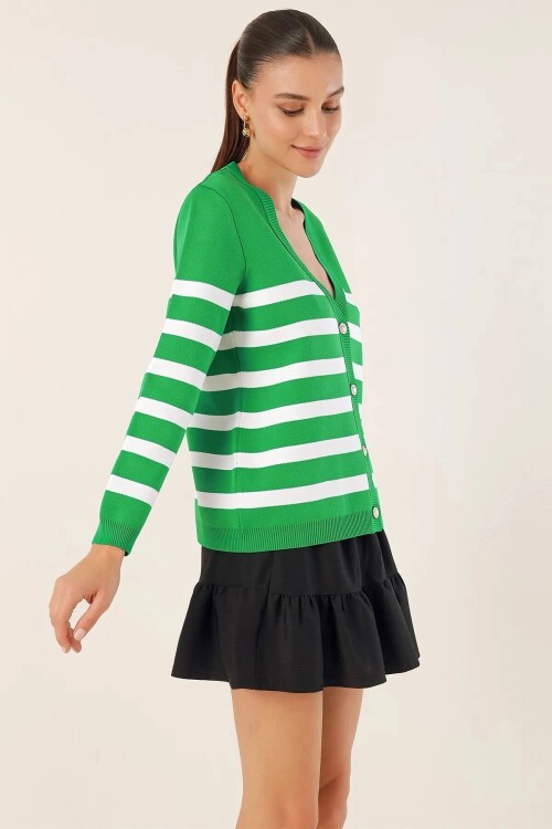 Kadın Yeşil Çizgili V yaka Rahat Kesim Triko Hırka HZL24W-BD1102151