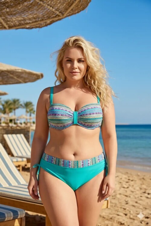 Kadın Yeşil Etnik Desenli Astarlı Büyük Beden Bikini Takımı HZL25S-LC22626