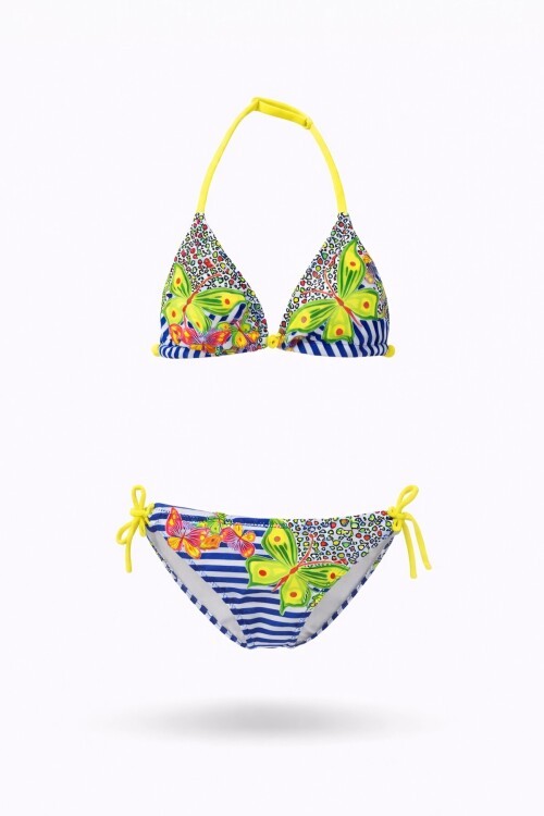 Kız Çocuk Lacivert Kelebek Desenli  2-8 Yaş Üçgen Bikini Takım HZL24S-LC2134