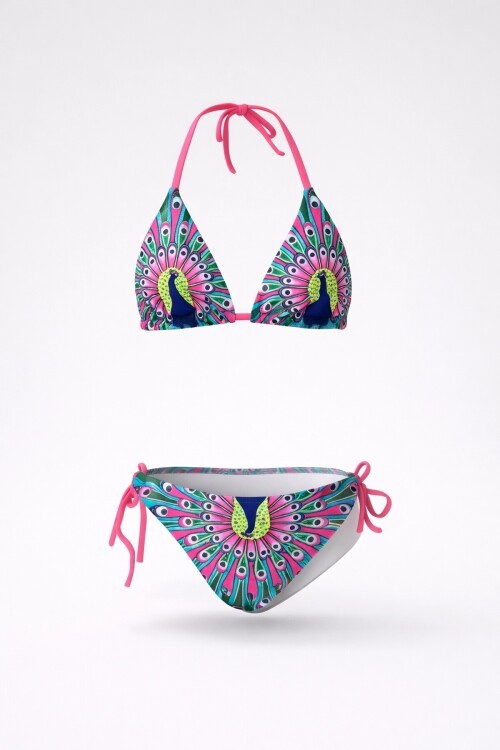 Kız Çocuk Mavi Tavuz Kuşu Desenli  6-14 Yaş Üçgen Bikini Takım HZL24S-LC19017