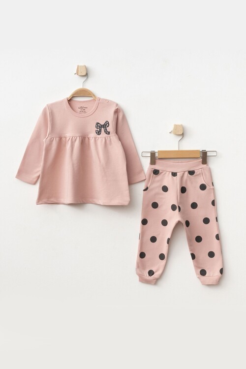 Aziz Bebe Kız Bebek Nakışlı Sweatshirt Pantolon 2 li Alt Üst Bebek Takımı 3 Ay-36 Ay