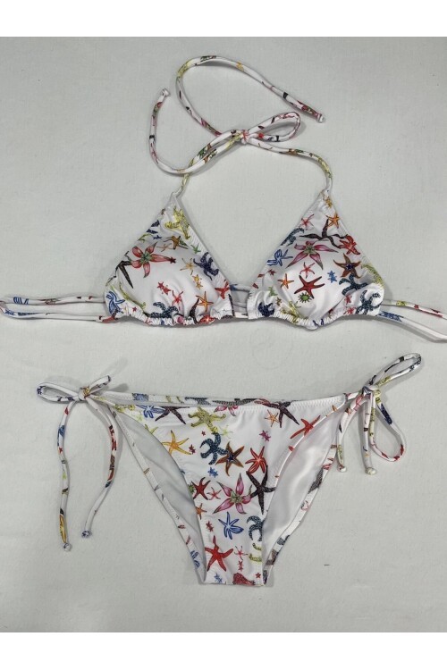 Kadın Beyaz Yıldız Temalı Boyundan İp Bağlamalı Üçgen Bikini Takımı HZL25S-LC5005
