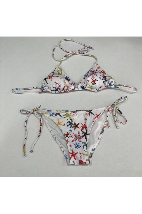 Kadın Beyaz Yıldız Temalı Boyundan İp Bağlamalı Üçgen Bikini Takımı HZL25S-LC5005