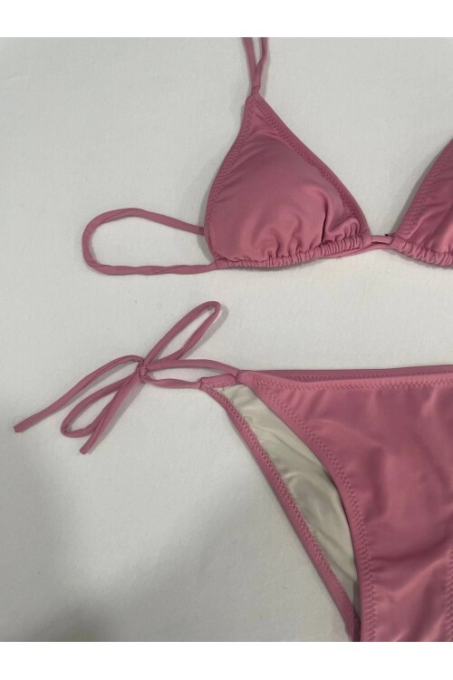 Kadın Gül Kurusu Boyundan İp Bağlamalı Üçgen Bikini Takımı HZL25S-LC5005
