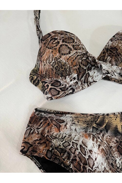 Kadın Kahverengi Leopar Desenli Astarlı Büyük Beden Bikini Takımı HZL25S-LC25006