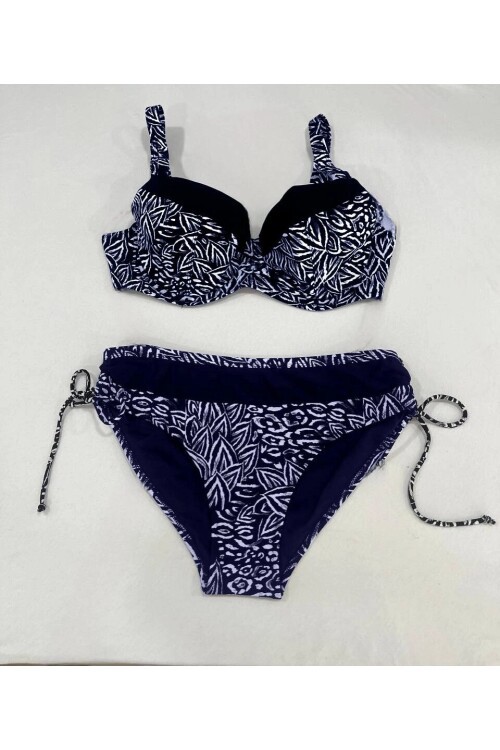 Kadın Lacivert Beyaz Desenli Büyük Beden Astarlı Bikini Takım HZL25S-LC4006