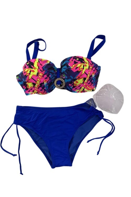 Kadın Saks Mavi Renk Desenli Toka Detaylı  Astarlı Bikini Takım HZL25S-LC3322
