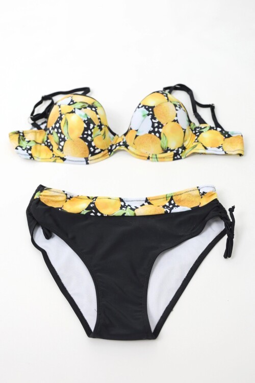 Kadın Sarı Siyah Limon Desenli İp Askılı Yüksek Bel Büyük Beden Bikini Takım HZL24S-LC3348