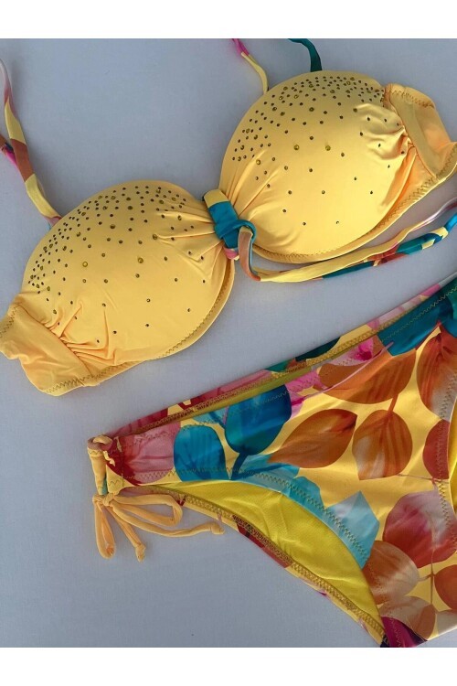 Kadın Sarı Taş İşlemeli Astarlı Bikini Takım HZL25S-LC207