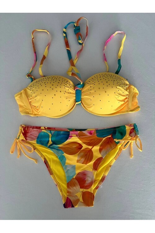 Kadın Sarı Taş İşlemeli Astarlı Bikini Takım HZL25S-LC207