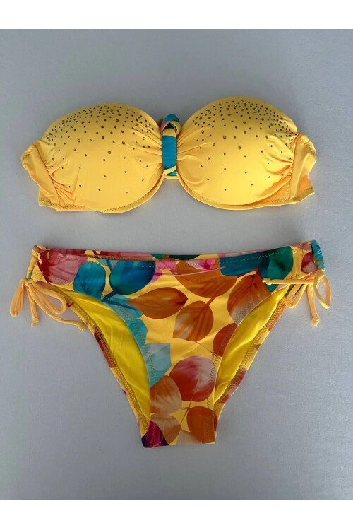 Kadın Sarı Taş İşlemeli Astarlı Bikini Takım HZL25S-LC207