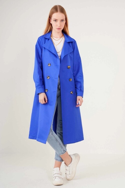 Kadın Sax Kruvaze Yaka Kemerli Astarsız Mevsimlik Rahat Trençkot  HZL22S-BD158531