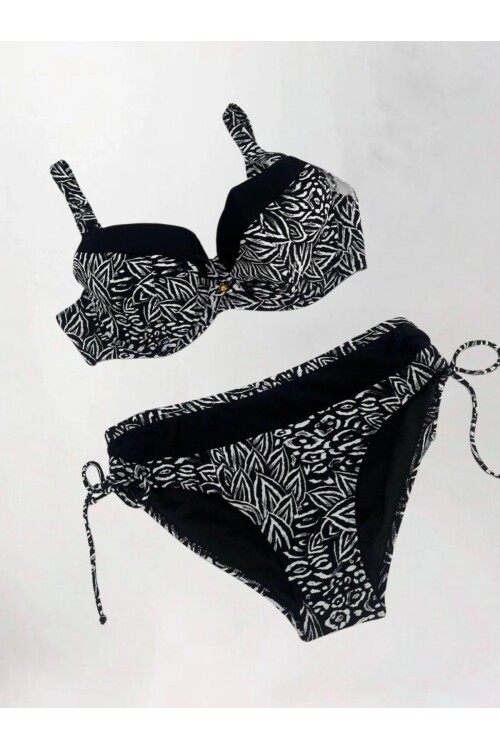 Kadın Siyah Beyaz Desenli Büyük Beden Astarlı Bikini Takım HZL25S-LC4006